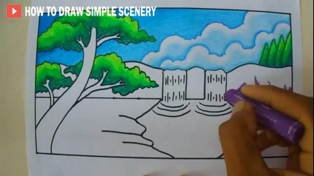 How to Draw Simple Scenery for Beginners | Easy Twin Waterfall Scenery Drawing смотреть онлайн