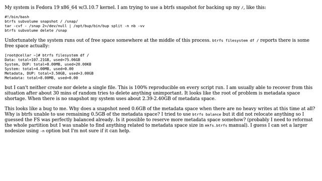 Unix & Linux: btrfs, infamous ENOSPC error while doing a backup from a snapshot смотреть онлайн
