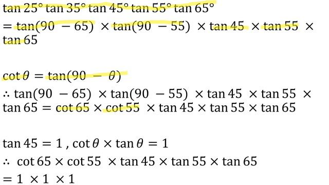 Value of 𝒕𝒂𝒏𝟐𝟓° 𝒕𝒂𝒏𝟑𝟓° 𝒕𝒂𝒏𝟒𝟓° 𝒕𝒂𝒏𝟓𝟓° 𝒕𝒂𝒏𝟔𝟓° is : a) 𝟎 b) 𝟏 c) √𝟐 d) √𝟑 смотреть онлайн