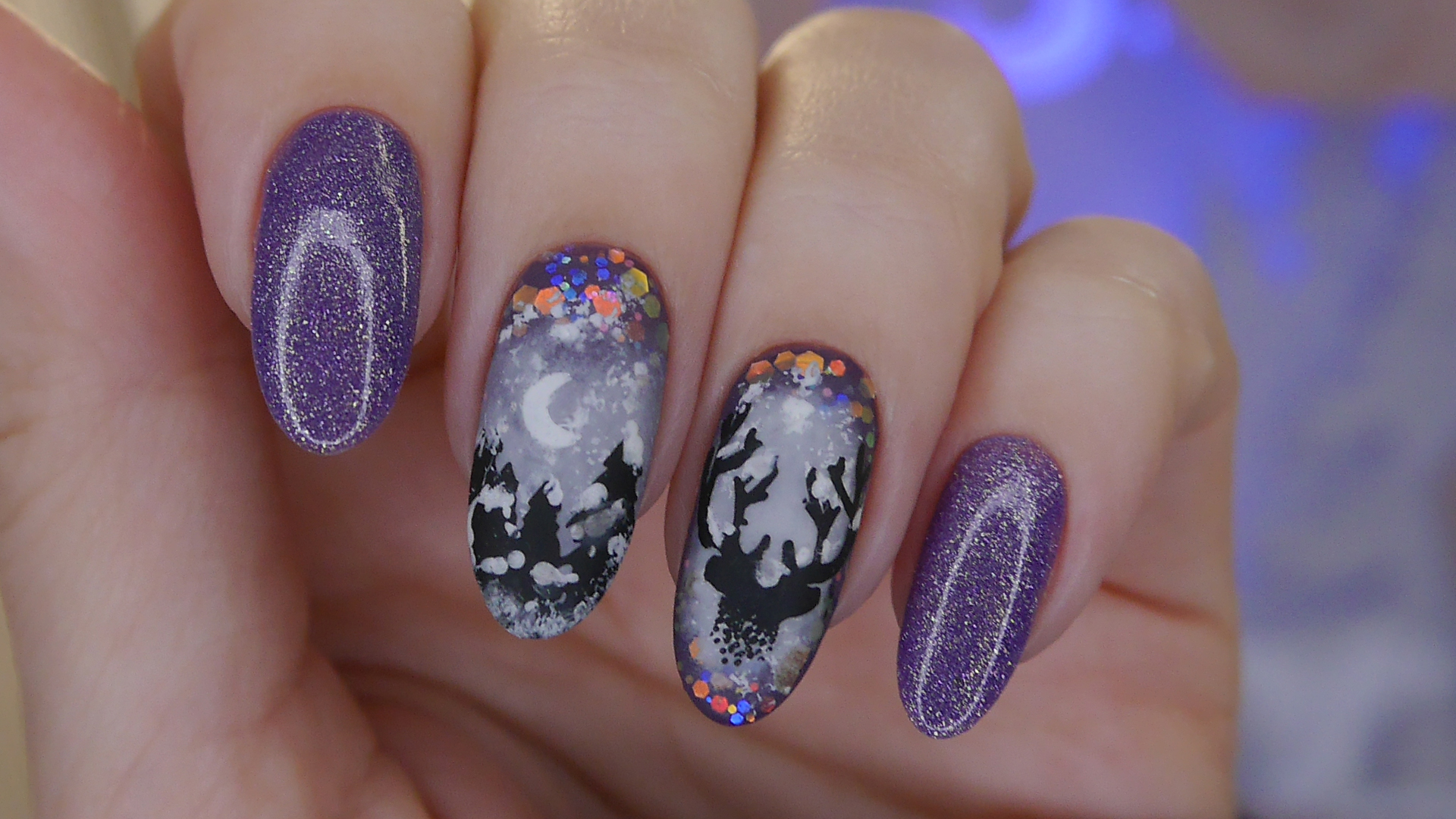 Маникюр "Зимний лес" обычным лаком. Пейзаж на ногтях, стемпинг дизайн