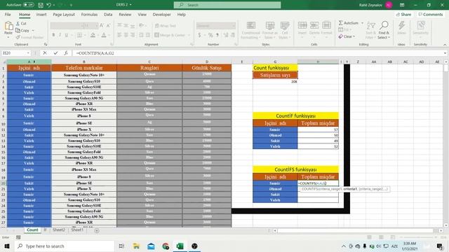 Orta səviyyə excel dərsləri 3. COUNT , COUNT İF ,COUNT İFS funksiyalarının praktiki tətbiqi. смотреть онлайн