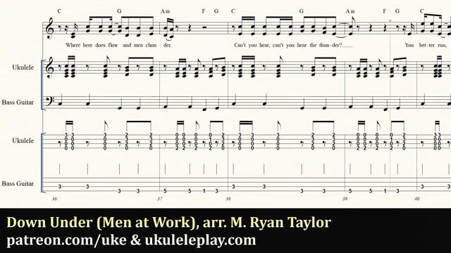 Down Under (Men At Work) Arr. For Ukulele Ensemble / Orchestra / Band & Flute By M. Ryan Taylor