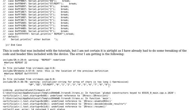 Arduino: Help solving "collect2.exe: error: ld returned 1 exit status" error in code смотреть онлайн