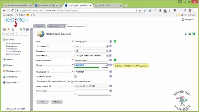 Создать базу данных на Hostiman ru смотреть онлайн