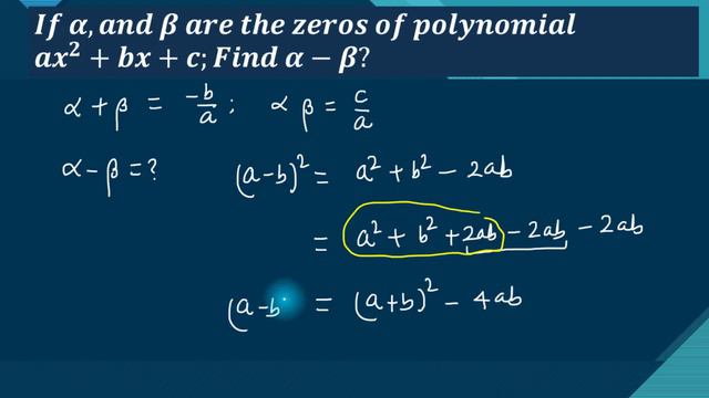 If alpha beta zeros quadratic polynomial ax2+bx+c then evaluate alpha-beta смотреть онлайн