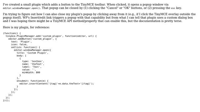 Wordpress: Close TinyMCE plugin window on click away смотреть онлайн