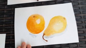 Простой натюрморт акварелью для начинающих.  Груша и апельсин
