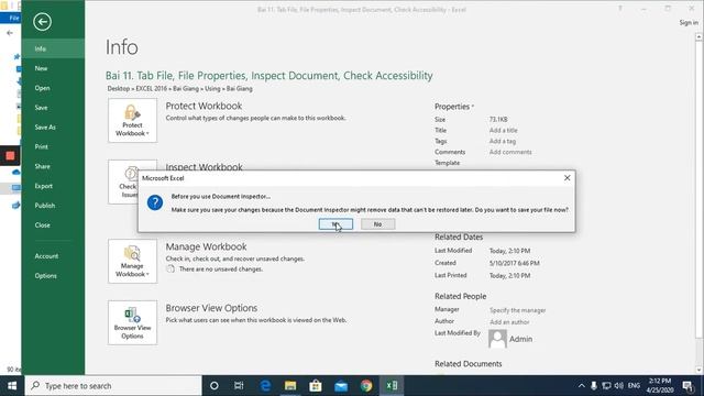 Bài 11: Tab File, File Properties, Inspect Document, Check Accessibility (MOS EXCEL 2016) смотреть онлайн