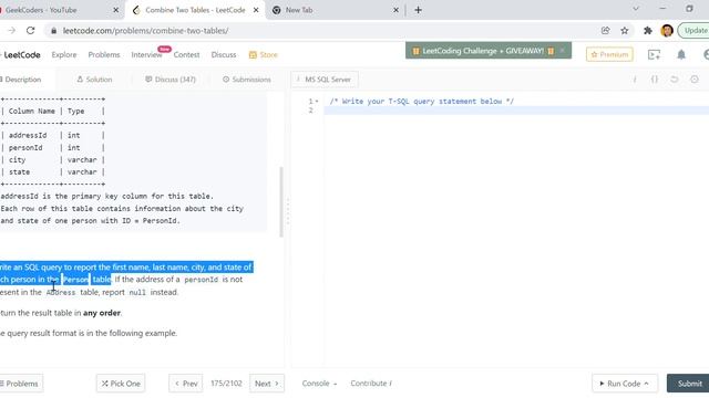 Combine Two Tables | LeetCode Problem | смотреть онлайн