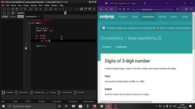 "Digits of 3-digit number" in C programming language. #Eolymp problem 8599. смотреть онлайн