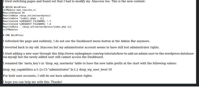 Wordpress: Localhost install: Administrator lost administrator access; cannot access Dashboard смотреть онлайн