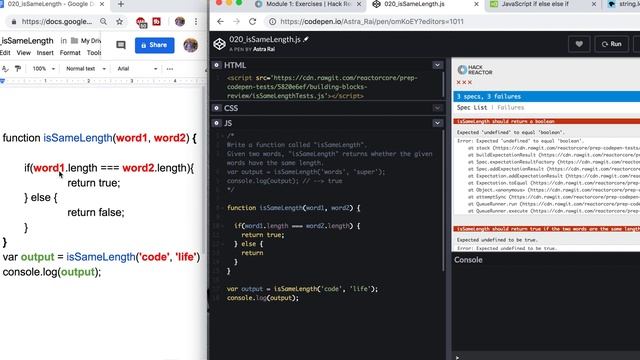 Hack Reactor Bootcamp Prep Code Solution | Module 1 | 020_isSameLength | JavaScript Tutorial смотреть онлайн