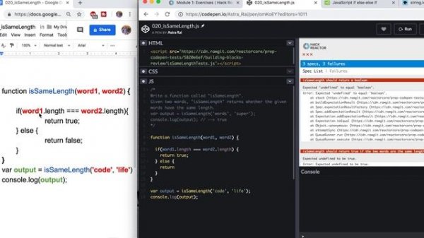 Hack Reactor Bootcamp Prep Code Solution | Module 1 | 020_isSameLength | JavaScript Tutorial