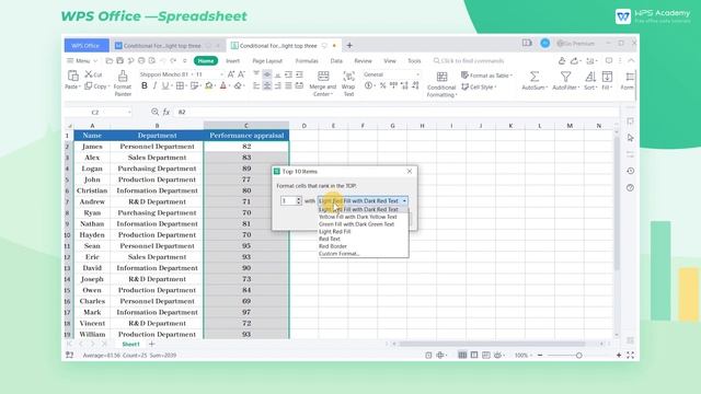 [WPS Academy] 2.0.7 Excel:Conditional Formatting to highlight top three items смотреть онлайн