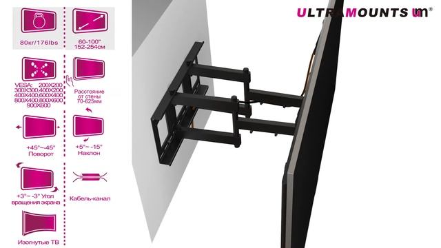 UltraMounts UM914. Установка телевизора с помощью наклонно-поворотного кронштейна UM914 смотреть онлайн
