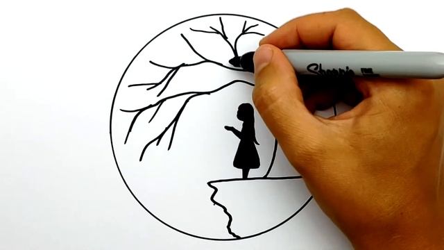 Как нарисовать Девушку. Просто Рисуем Пейзаж в круге черным маркером. Рисунки для срисовки #640 смотреть онлайн