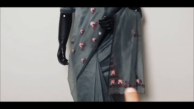 Machine Embroidery Kota Saree Design -64 Peach Black & Maroon Floral Leaf Pattern in Grey Supernet смотреть онлайн