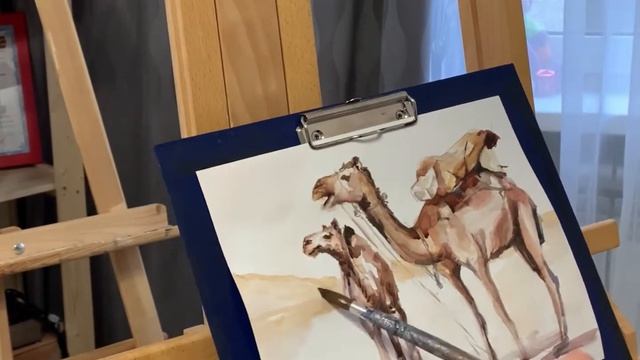 Рисунок акварелью. Верблюды в пустыне смотреть онлайн