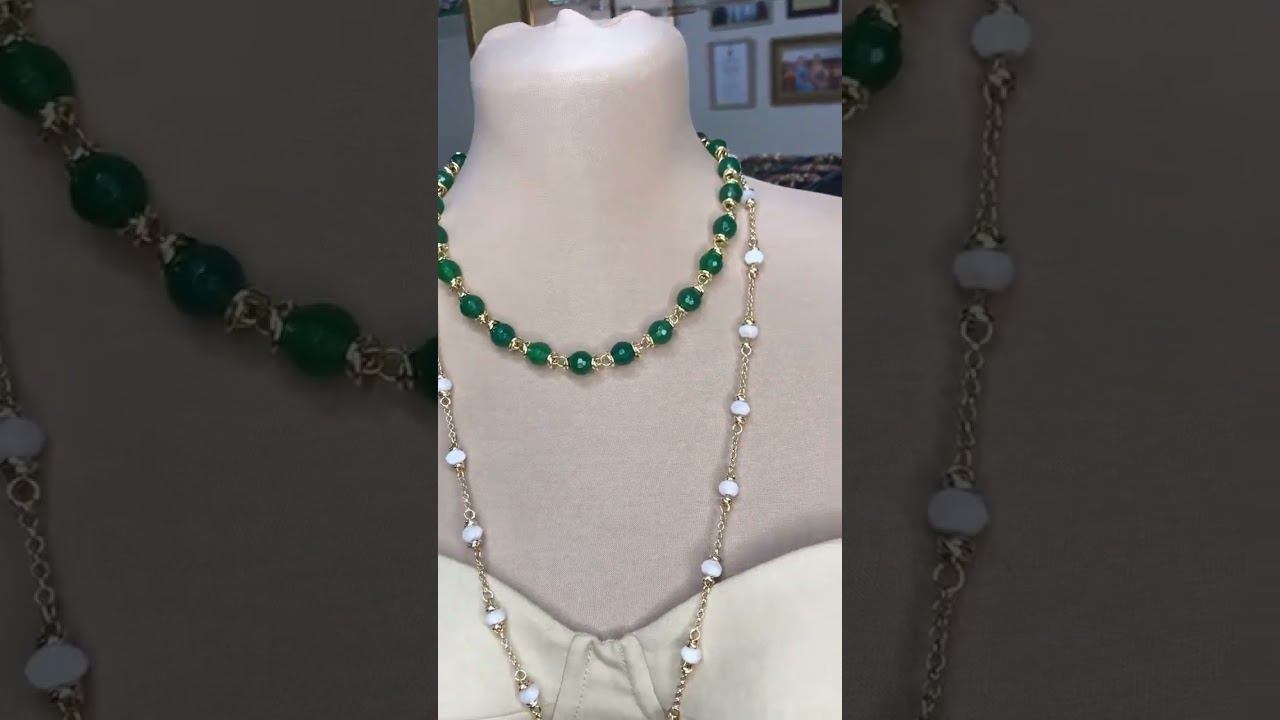 Цепочка на шею с лунным камнем и бусы из зеленого агата в позолоте #украшенияручнойработы #jewelry
