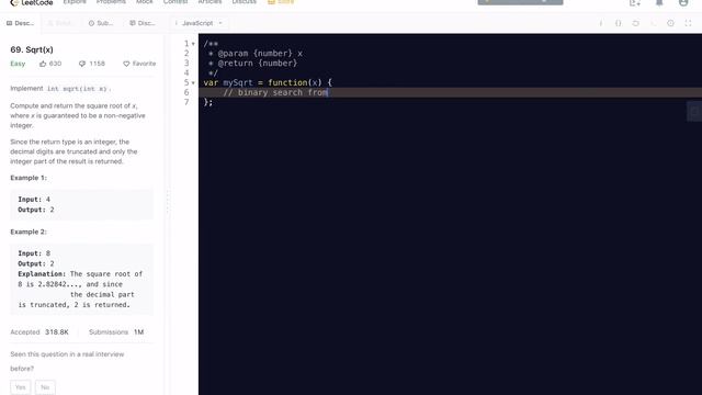 JavaScript LeetCode 69: Sqrt(x) (猫打球解题视频系列F49) смотреть онлайн