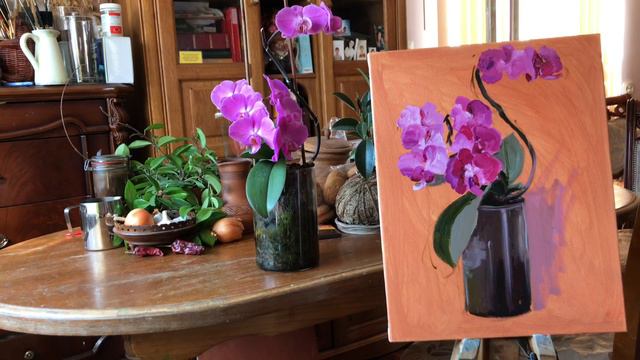 Живопись маслом. Натюрморт с орхидеями. смотреть онлайн