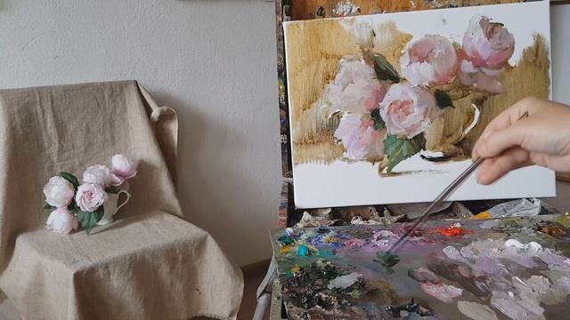 Живопись маслом. Букетик маленьких пионов. смотреть онлайн