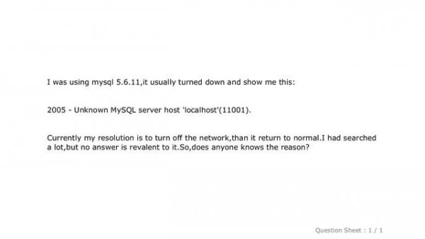MySQL : mysql error 2005 - Unknown MySQL server host 'localhost'(11001)