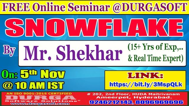 SNOWFLAKE (FREE Seminar) Online Training @ DURGASOFT смотреть онлайн