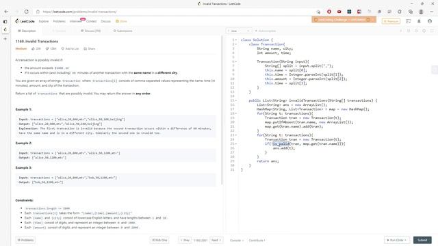 LeetCode 1169 | Invalid Transactions | OOP, HashMap | Java смотреть онлайн