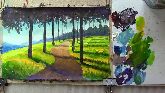 Как нарисовать солнечный пейзаж акрилом. Валерий Рыбаков. смотреть онлайн