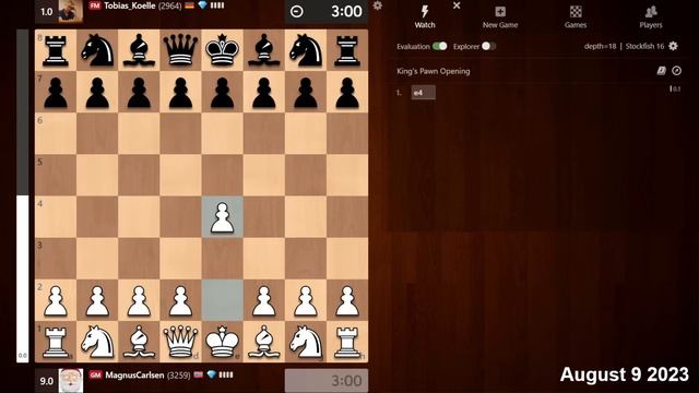Magnus Carlsen Vs FM Tobias Kölle | Blitz Chess 3+0 | ChessCom | August 9, 2023