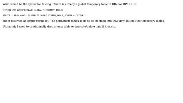 Databases: Testing if temp table exists in iSeries SQL stored procedure смотреть онлайн