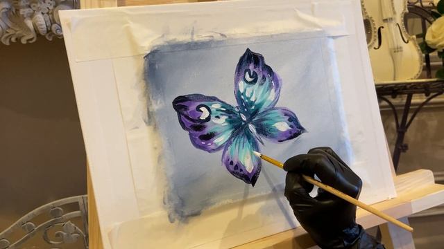 Butterfly with acrylic in canvas on the wall смотреть онлайн