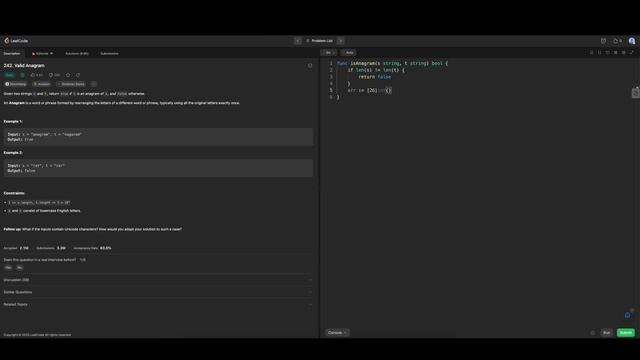 Решаем leetcode на языке Go (golang) - 242. Valid Anagram (easy) смотреть онлайн