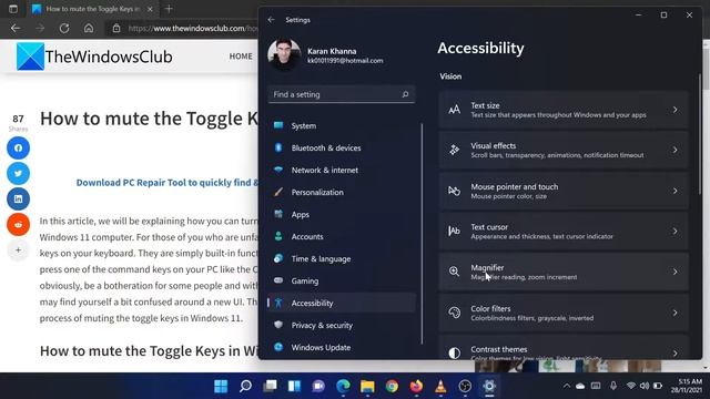 How To Mute The Toggle Keys In Windows 11