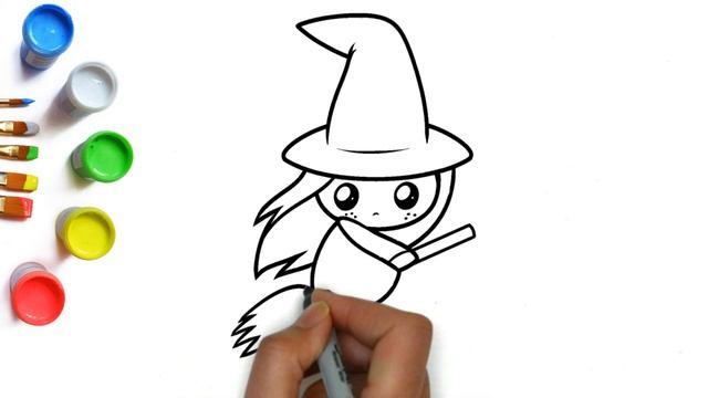 Как нарисовать маленькую и милую ведьмочку на метле и в шляпе, идеи рисования для детей на хэллоуин смотреть онлайн