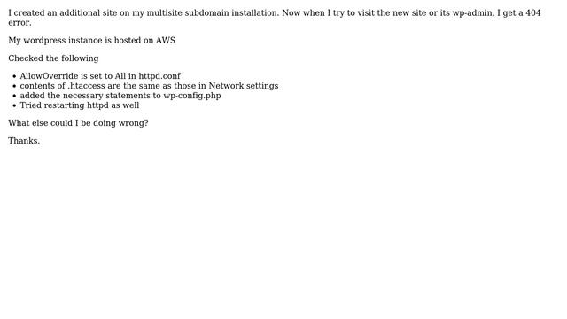 Wordpress: Multisite - getting a 404 for additional site created using subdomain install смотреть онлайн