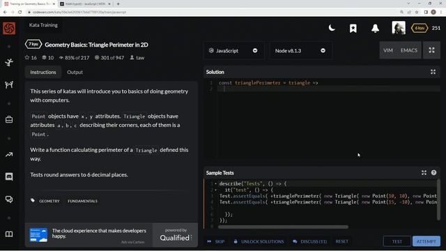 Codewars 7 kyu Geometry Basics: Triangle Perimeter in 2D JavaScript смотреть онлайн