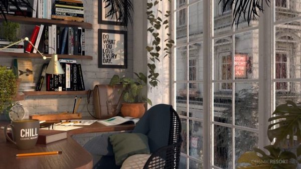 Study Desk by the window with street view full glass windows and gentle rain