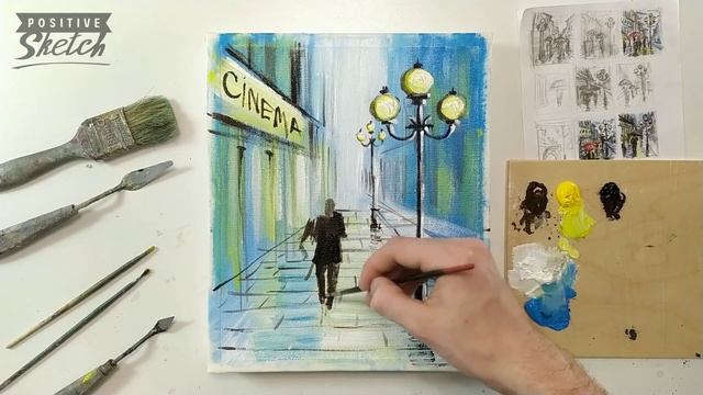 Acrylic painting, Abstract cityscape, Rainy City, Painting tutorial смотреть онлайн