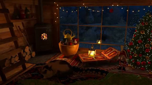 Deep Sleep With Cat In A Cozy Winter Cabin | Relaxing Blizzard, Wind, Snow Storm & Fireplace Sounds