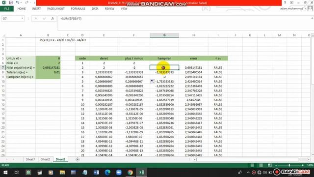 Mencari Nilai Ln (x+1) Dengan Galat Toleransi 0.01 Menggunakan Ms. Excel