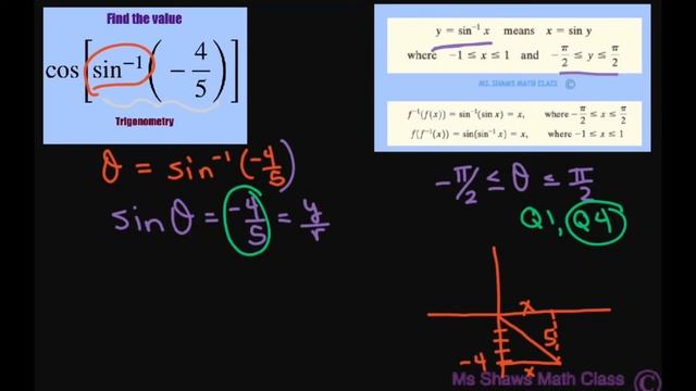 Find the value of cos [sin^(-1) (- 4/5)], cos(arcsin( - 4/5)). Inverse Trig Function смотреть онлайн