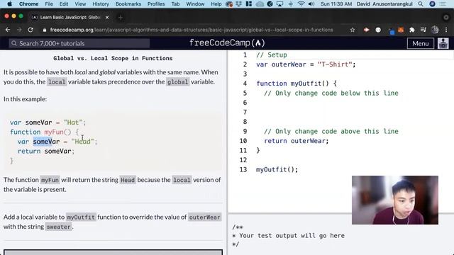 Global vs Local Scope in Functions (Basic JavaScript) freeCodeCamp tutorial смотреть онлайн