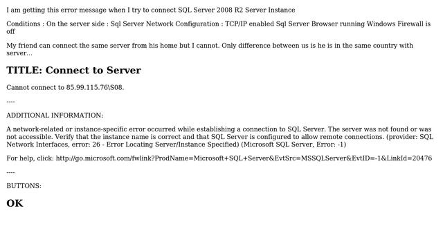 remote connection to SQL Server 2008 R2 failed from another country? смотреть онлайн