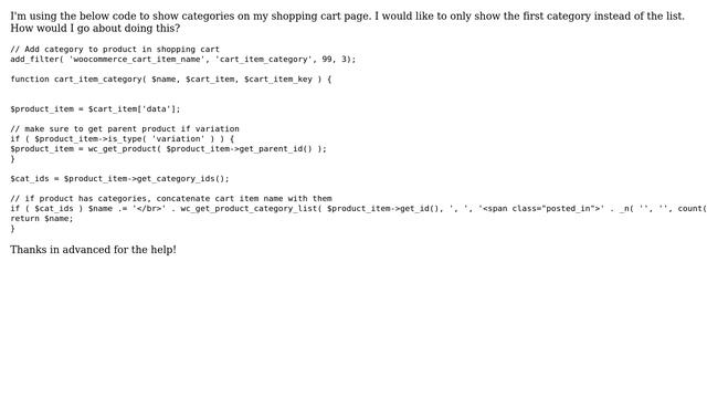 Wordpress: Display first category of product on Shopping Cart смотреть онлайн