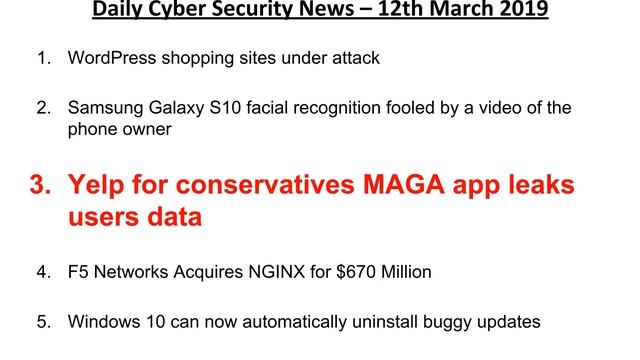 Cyber Security News - 12th March 2019 (WordPress, Samsung Galaxy S10, F5 NGINX, Windows 10) смотреть онлайн