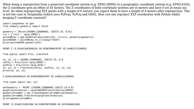 GIS: Reprojecting XYZ coordinates in Python whilst keeping Z coordinate constant смотреть онлайн
