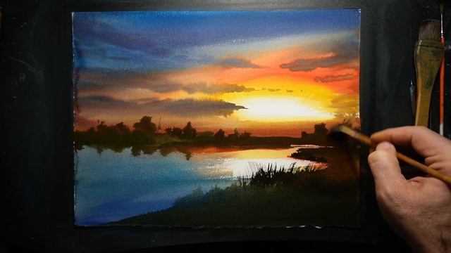 Beautiful Nature Watercolor Painting With A Sunset
