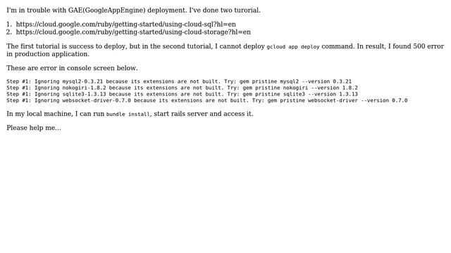 gcloud app deploy error(Ignoring mysql2-0.3.21 because its extensions are not built. Try: gem... смотреть онлайн